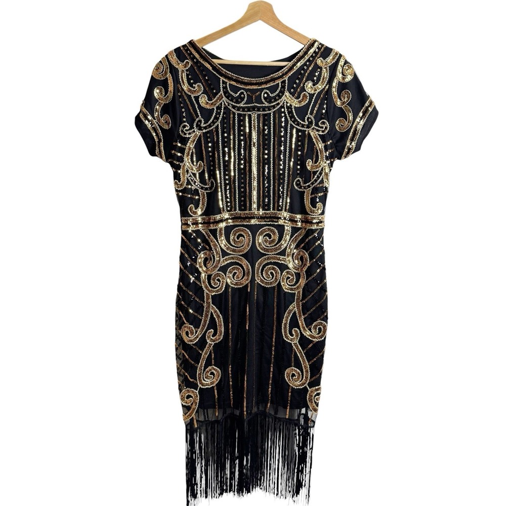 Black Flapper Dress Gold Sequin Tassel Fringe Dance Performance Great Gatsby